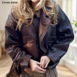 Autumn American Retro Women Washing Black PU Leather Jacket Lapel 3 Buttons Full Sleeve Oversize Coat Loose Short Outerwear