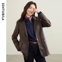 SENTUBILA Women's Coffee Pu Leather Jacket Modern Biker Style Notch Collar Coat Long Sleeve Casual Windproof Coat W53GE2747