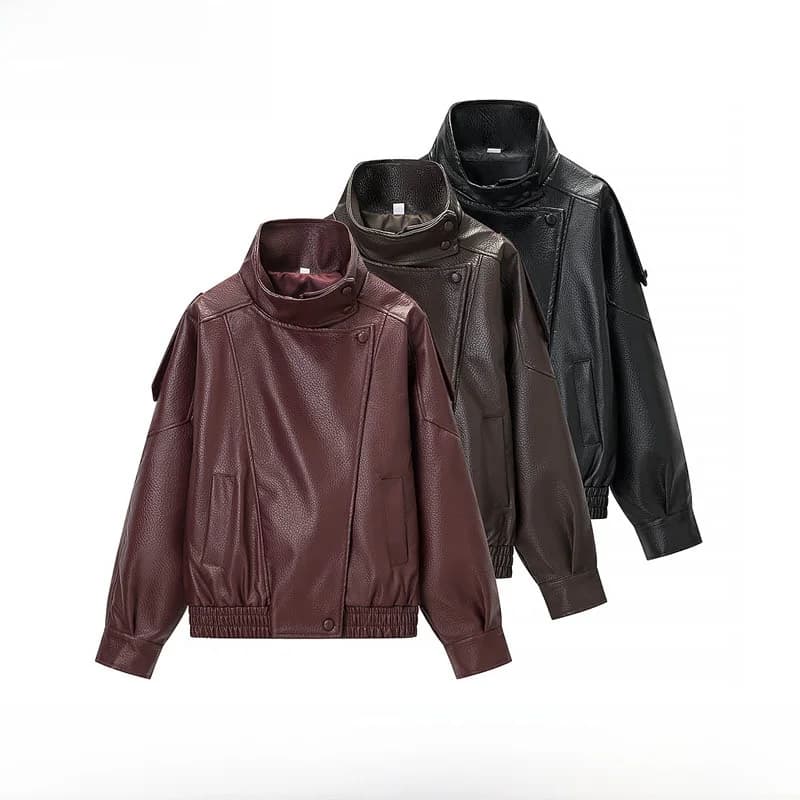 New Autumn Winter Women's Faux Leather Jacket Outerwear ZR Style Short Coat Warm Polyester Fiber Zipper Long Sleeve Coat