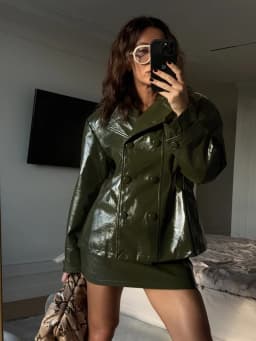 Solid PU Leather Women's Jacket Mini Skirt Set Lapel Neck Full Sleeve Double Breasted Coat Suit 2025 Autumn Stylish Edgy Outfit
