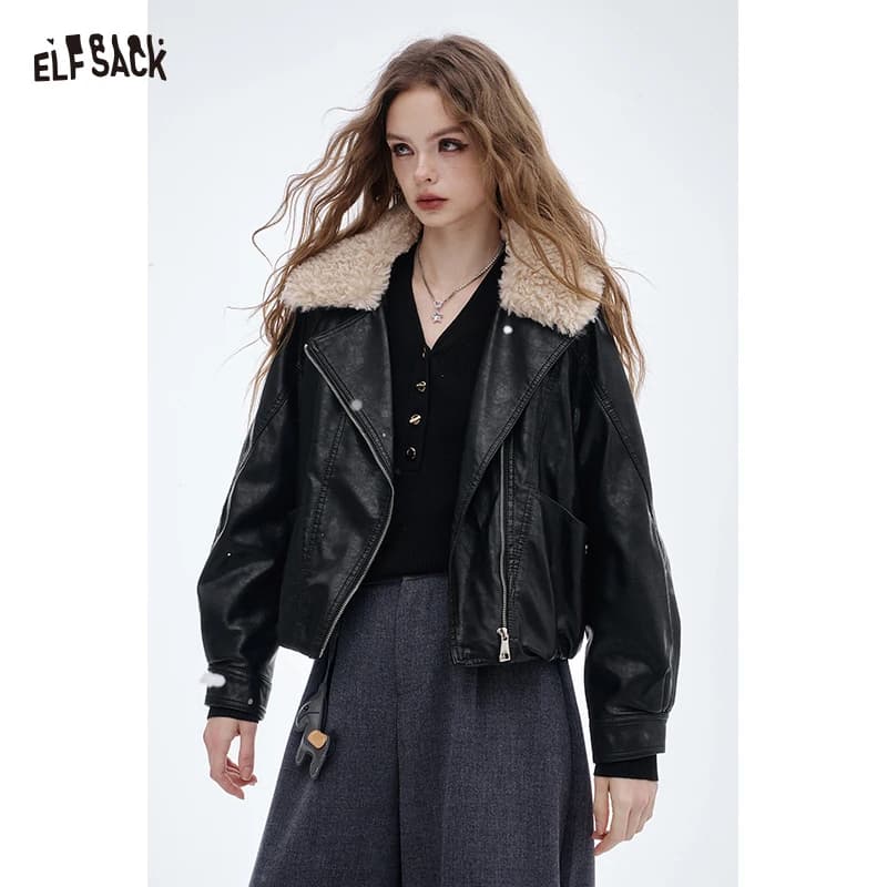 ELFSACK 2025 Winter New Arrivals Y2K Vintage Chic Layered Lapel Faux Leather Short Jacket For Women