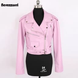 Nerazzurri Spring Autumn Short Green Pink Stylish Faux Leather Biker Jacket Women Zipper Long Sleeve Fashion 2022 5xl 6xl 7xl