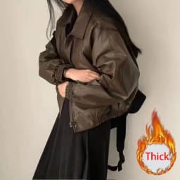 Cozy Brown Women Faux Leather Jacket Fleece Lined Oversized Baggy Coat Zip Up Elastic Hem Cropped Pu Streetwear Y2K Winter Top