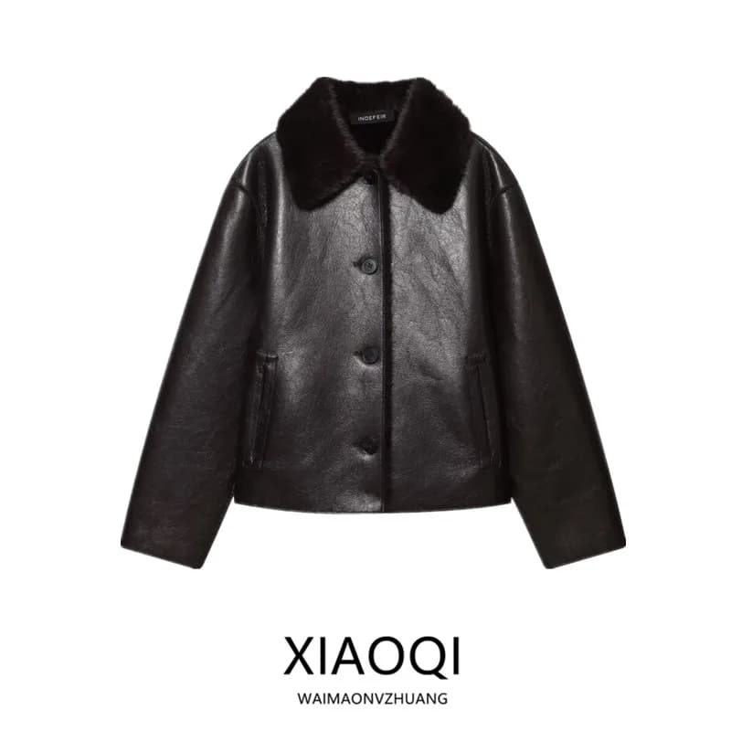 Double-Sided Fake Leather Jacket Women's Loose Versatile New Winter Outerwear Fashionable European Style Long Sleeve Button C...