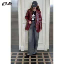 ELFSACK Women's Faux Leather Blazer Oversized Wine Red Long Sleeve Casual Office Wear Jacket Fashion Streetwear Coat