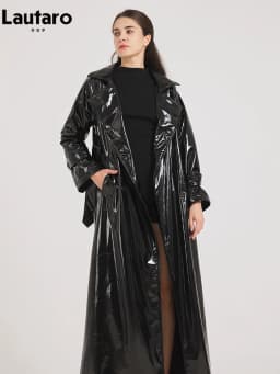 Lautaro Spring Autumn Black Shiny Reflective Soft Patent Leather Trench Coat for Women Luxury Designer Floor Length Clothes 2024