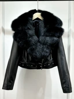 Lagabogy 2024 Big Real Fox Fur Women Vintage Pu Faux Leather Short Jacket With Belt Streetwear Female Zipper Retro Coat Outwear