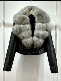 Lagabogy 2024 Big Real Fox Fur Women Vintage Pu Faux Leather Short Jacket With Belt Streetwear Female Zipper Retro Coat Outwear