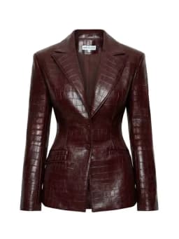 Women Burgundy Faux Leather Croc Embossed Blazer 2026 Slim Fit Padded Shoulder Jacket