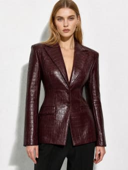 Women Burgundy Faux Leather Croc Embossed Blazer 2026 Slim Fit Padded Shoulder Jacket
