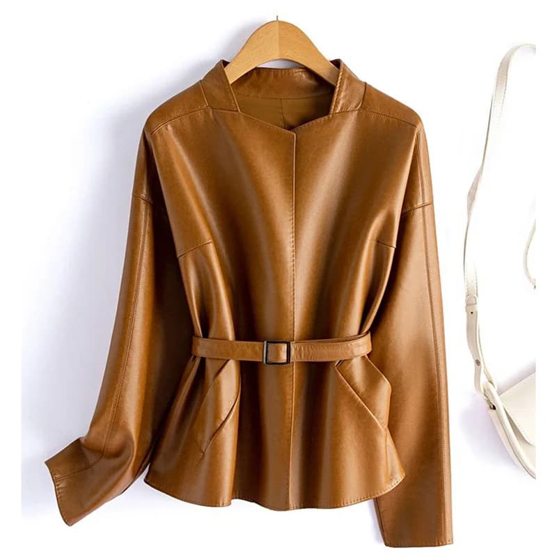 Real Sheepskin Coat For Women Spring Autumn 2026 New High Quality Black Genuine Leather Jacket With Sashes Кожанка Женская