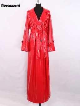 Nerazzurri Autumn Extra Long Soft Red Reflective Shiny Patent Leather Trench Coat for Women Double Breasted Maxi Korean Fashion