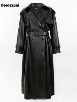 Nerazzurri Spring Autumn Long Oversized Black Pu Leather Trench Coat for Women Belt Double Breasted Loose Casual Korean Fashion