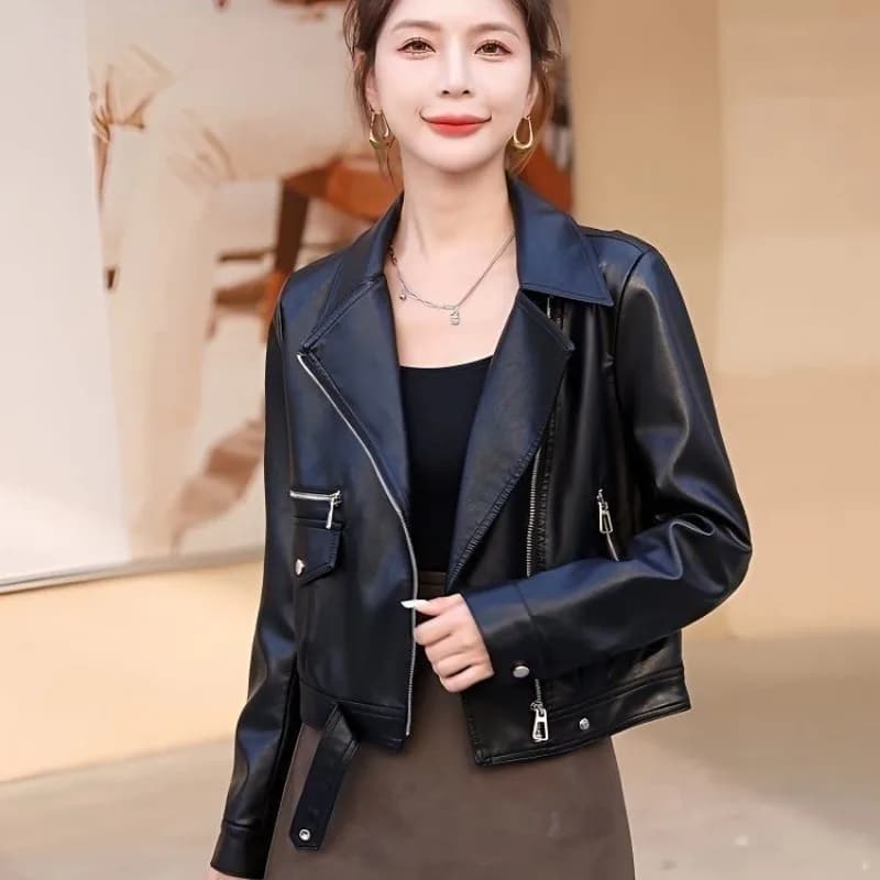 2026 Autumn New Fashion Leather Jacket Women Motorcycle Outwear Short Loose Elegant Pu Leather Suit Collar Coat Overcoat Female