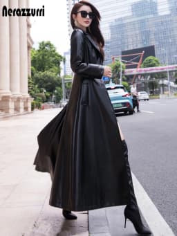 Nerazzurri Maxi Fit and Flare Leather Trench Coat for Women 2021 Spring Long Luxury Designer Clothing Women Long Sleeve Lapel