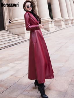 Nerazzurri Maxi Fit and Flare Leather Trench Coat for Women 2021 Spring Long Luxury Designer Clothing Women Long Sleeve Lapel
