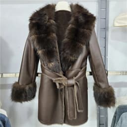 DEAT 2026 Winter Elegant Style Faux Mink Fur Collar PU Leather Coat With Belt For Women V-neak Midi Length Jackets 29A9572