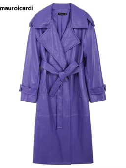 Mauroicardi Spring Long Waterproof Soft Purple Pu Leather Trench Coat for Women Sashes Luxury Elegant Leather Overcoat 2025