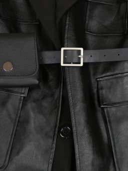 Lautaro-Black PU Leather Blazer for Women, Wool Blend Blazer, Long Sleeve Belt, Runway Designer, Luxury Fashion, Autumn
