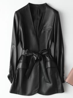 Nerazzurri Autumn Black Soft Light Faux Leather Jackets for Women 2022 Deep V-Neck Belt Elegant Luxury Korean Fashion 6xl 7xl