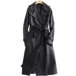 Lautaro Autumn Long Black Leather Trench Coat for Women Long Sleeve Belt Lapel Luxury Spring British Style Outerwear Fashion