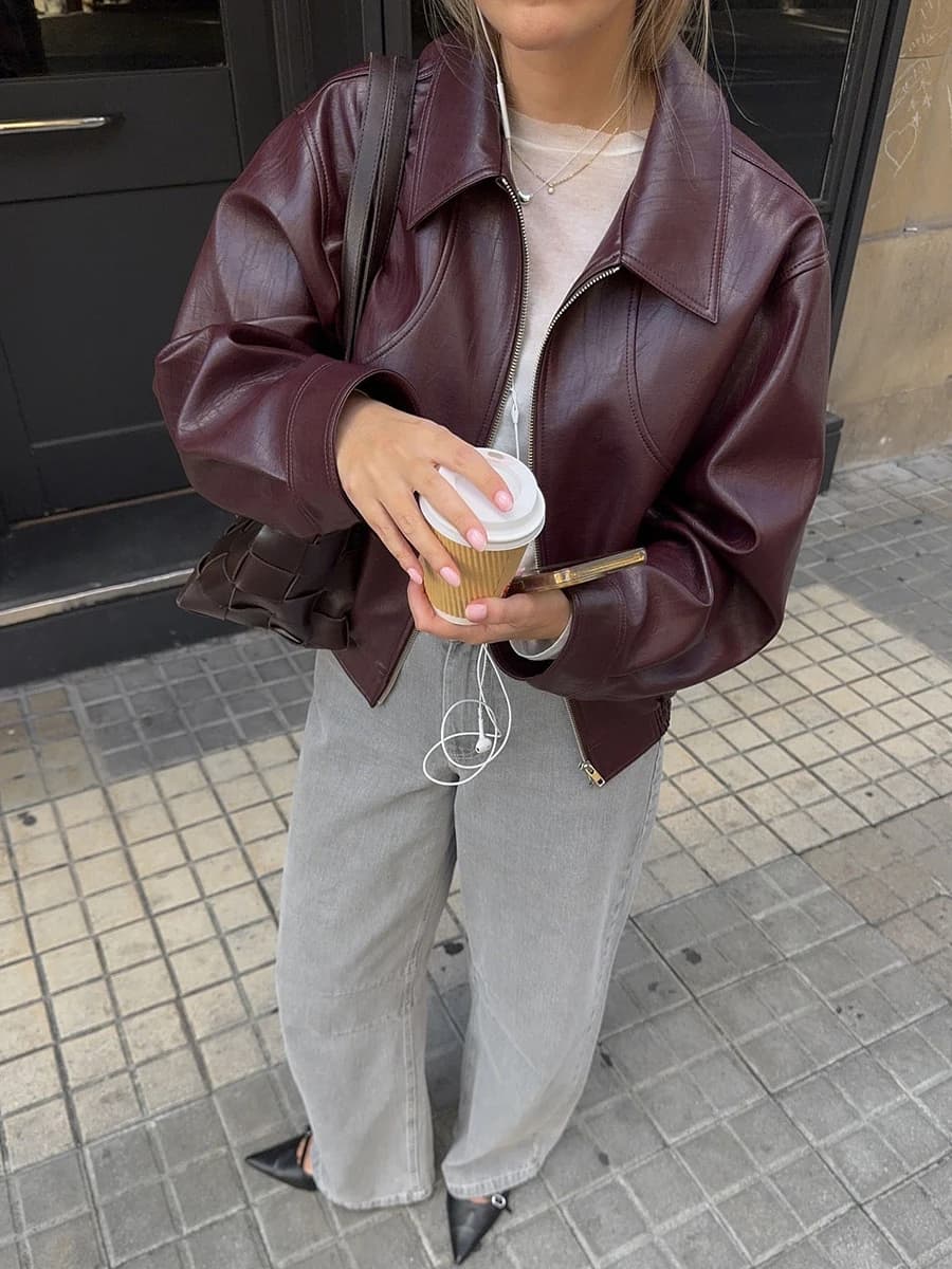 Elegant Red Wine Color Flip Collar Leather Jacket Women's Early Autumn Versatile PU Leather Coat American Style Fashionable Top