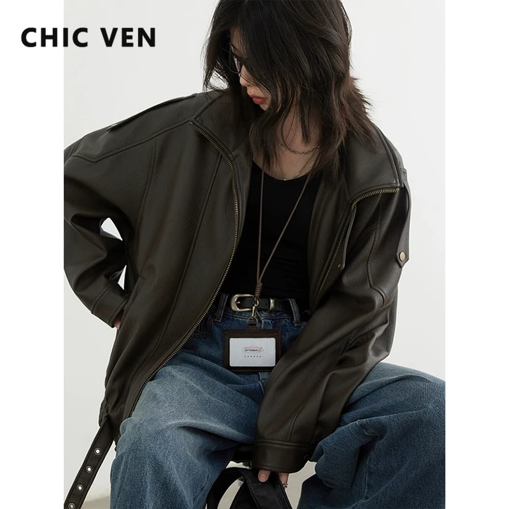 CHIC VEN Women PU Jacket New Loose Retro Motorcycle Faux Leather Quilted Coat Female Overcoat Thick Warm 2025 Spring Autumn Top