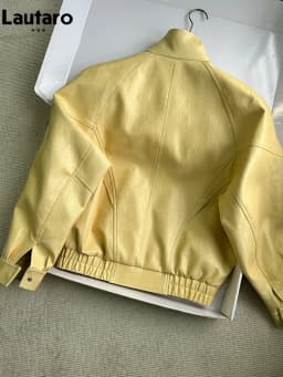 Lautaro Spring Autumn Yellow Pu Leather Jacket Women Zipper Long Sleeve Looe Casual Luxury Designer American Retro Clothes 2026