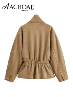 AACHOAE Women Faux Suede Jacket Belted Waist Loose Fit Short Coat Long Sleeve Vintage Casual Elegant Autumn Spring Outerwear