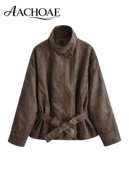 AACHOAE Women Faux Suede Jacket Belted Waist Loose Fit Short Coat Long Sleeve Vintage Casual Elegant Autumn Spring Outerwear