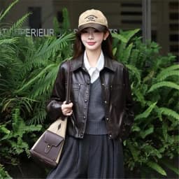 Black Short Faux PU Leather Jacket Big Pocket Lapel Single-Breasted Long Sleeve Autumn New Women Imitation Leather Biker Jacket