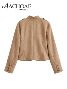 AACHOAE Women Vintage Military Faux Suede Jacket Stand Collar Metal Button Cropped Short Coat Casual Autumn Outerwear