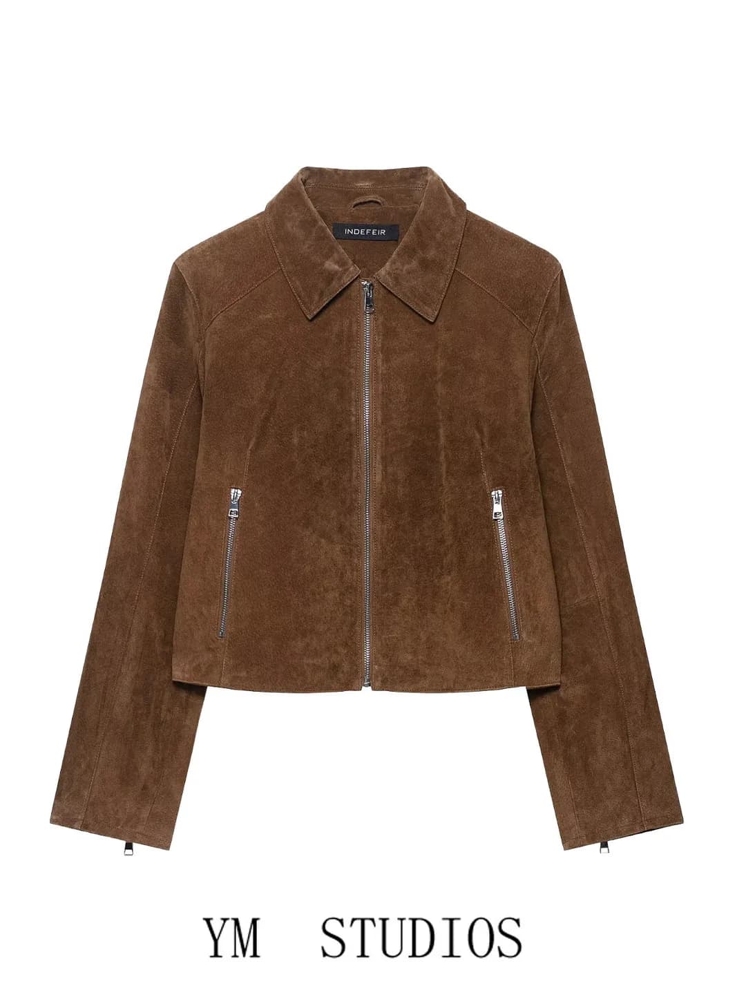 Retro Brown Stand Collar Bared Back Short Leather Jacket Women Zipper Merald Outerwear American Style Long Sleeve Winter Coat