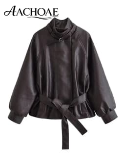 AACHOAE Women Faux Leather Jacket Belted Waist Oversized PU Leather Coat Long Sleeve Loose Chic Autumn Winter Fashion Outerwear