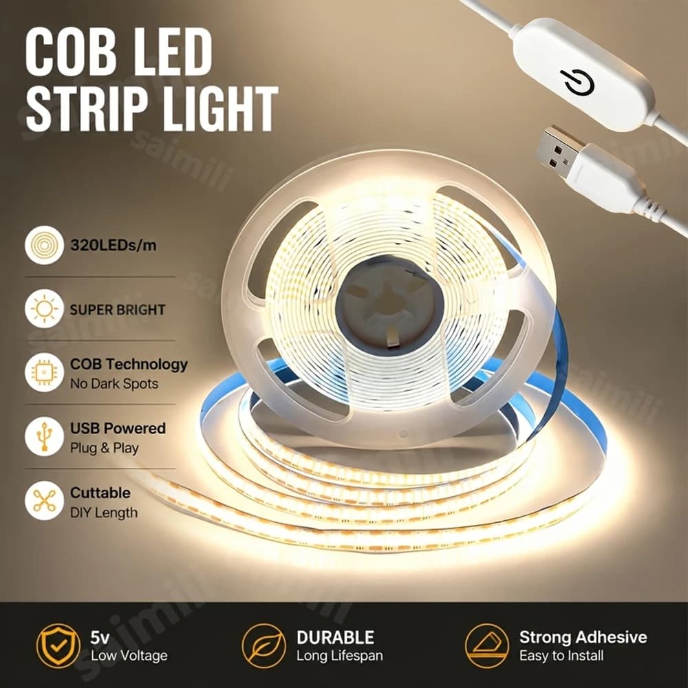 5V USB COB LED Strip Touch Dimmer High Density Dotless Flexible Linear Tape Self Adhesive Light For Mirror Cabinet DIY Decor