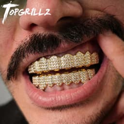 TOPGRILLZ Full Cubic Zircon Punk Teeth Grillz For Unisex 8 Top& 8 Bottom Mouth Removable Dental Grills Fashion Teeth Jewelry