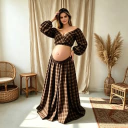 Maternity Photoshoot Outfit Plaid Set Puff Long Sleeve Vintage Maternity Gown For Pregnancy Photo Shoot Women Party Dress