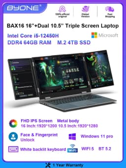 BYONE BAX16 Triple Screen Laptop 16”+Dual 10.5” Notebook Intel Core I5-12450H 64G RAM 4TB SSD Face & Fingerprint Unlock WIFI5