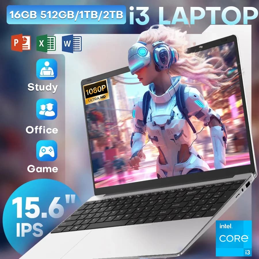 Xiaman 15.6" Laptop Computer Intel Core i3 Notebook PC Fingerprint Unlock Windows 11 Pro 16GB RAM 512GB 1TB SSD HD 1080P Laptops