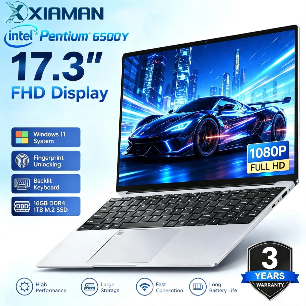 Xiaman 2026 NEW Intel 17.3" Laptop Computer intel Pentium 6500Y Notebook Computer 16GB RAM 1TB 2TB SSD 1920*1080P Windows 11 Fingerprint Office Laptops Notebook Computer PC