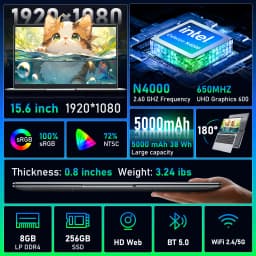 EYY 15.6" Laptop, Celeron N4000, 8GB RAM 256GB SSD, Full HD 1080P Display, Dual-Band WiFi, Mini HDMI, Lightweight Slim Silver Notebook for Business, School, Home