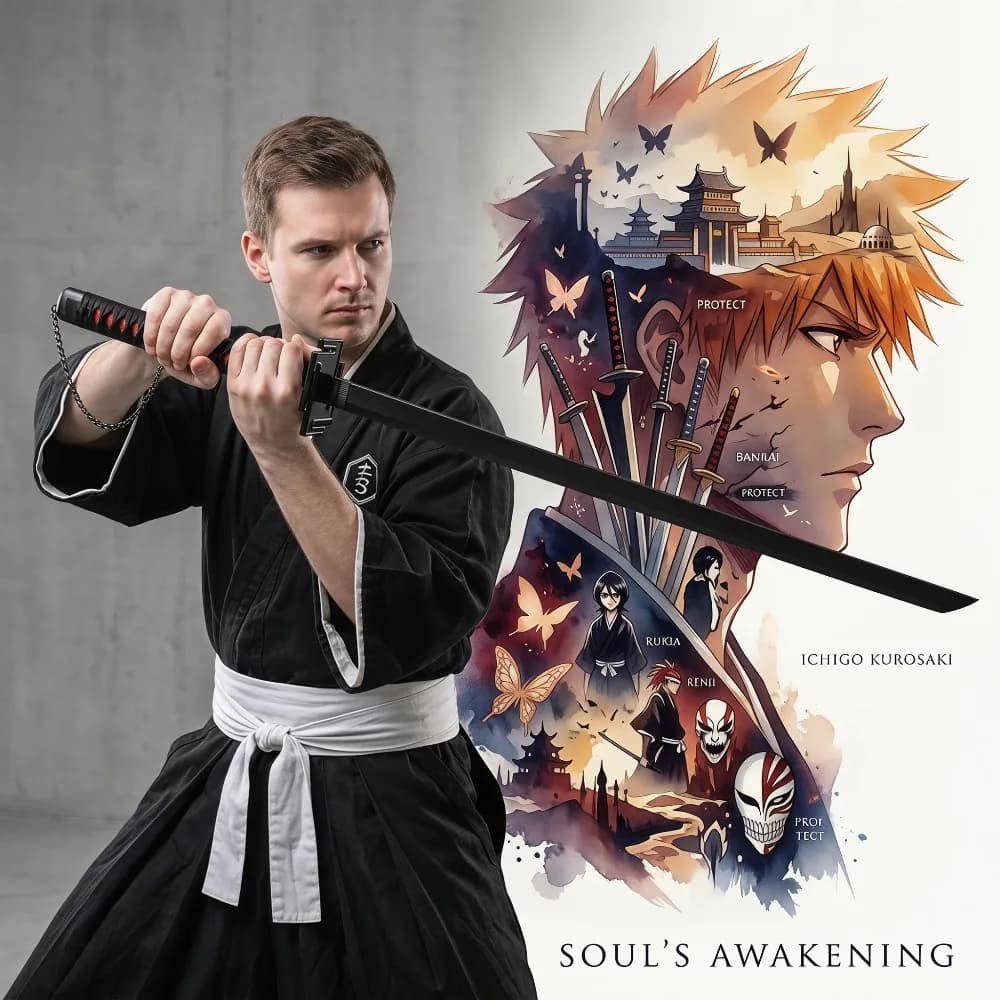 40inch 104cm Anime Bleach Ichigo Kurosaki Katana PU Plastic Samurai Sword Safe Unsharpened Blade Cosplay Prop Toy Gift Decor