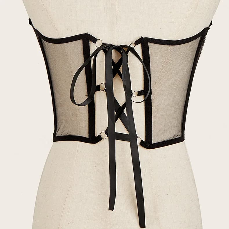 Punk Metal Chain Black White Pink Corset Goth Sexy High Waist Tops Bustiers Harajuku Vintage Mesh See Through Cummerbunds