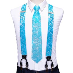 Barry.Wang Teal Blue Silk Mens Suspender Hanky Cufflinks Tie Set Adjustable Clip On Braces Self Necktie Male Wedding Business