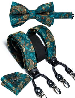 Fashion Men's Adjustable Suspenders Orange Paisley Pre-tied Bowtie Pocket Square Cufflinks Set for Wedding Party Business