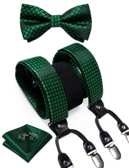 Men's Black Adjustable Suspenders Pre-tied Bowtie Pocket Sqaure Cufflinks Fashion 6 Mental Clips Jacquard Paisley Strapes