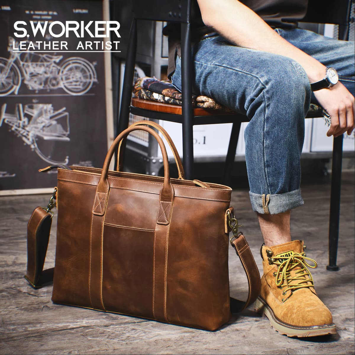Vintage Genuine Leather Men's Briefcase 16" Laptop Bags Crazy Horse Leather Messenger Handbag Cowhide Idea Gift For Men