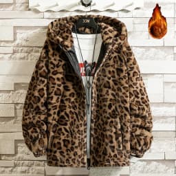 Retro Leopard Print Harajuku Hip Hop Style Loose Fleece Lined Thickened Hooded Warm Cotton Jacket Autumn Winter Polyester Fiber