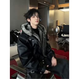 Mens Jacket Harajuku American Deconstructed Faux Wolf Fur Hooded Cotton Coat Studded Short Leather Style Winter Warm Streetwear