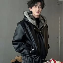 Mens Jacket Harajuku American Deconstructed Faux Wolf Fur Hooded Cotton Coat Studded Short Leather Style Winter Warm Streetwear